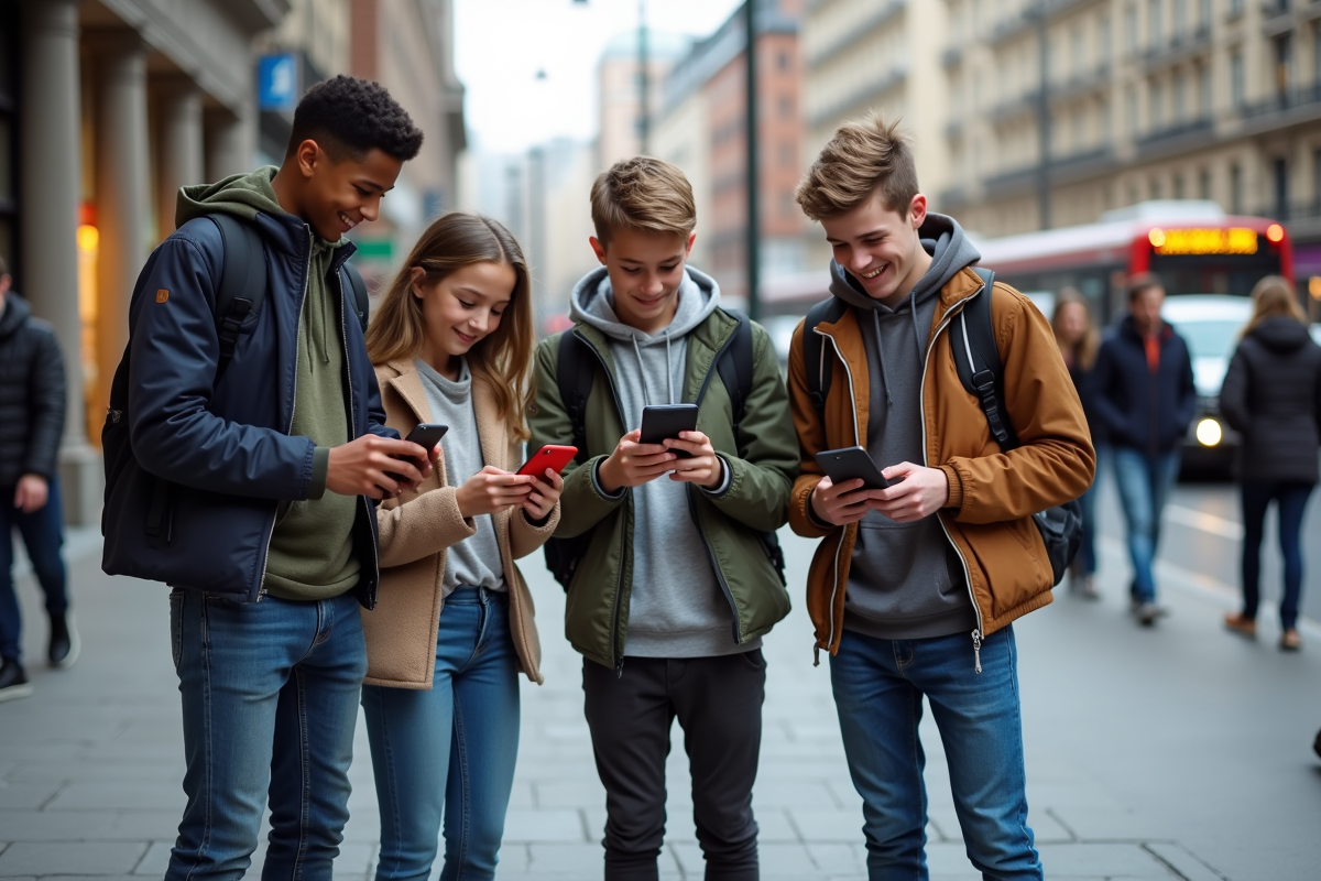Groupes de jeunes utilisant smartphones dans la rue urbaine