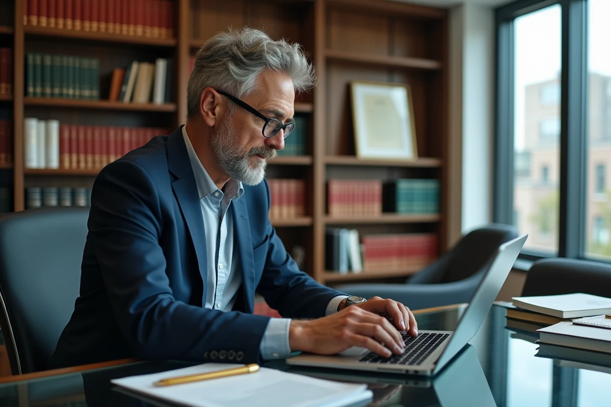 Avocat ou juriste rédigeant les mentions légales d'un site web sur un ordinateur portable