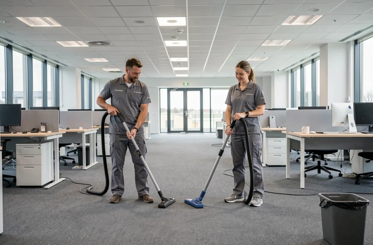 Deux agents LEBON en uniforme gris nettoyant un open space de bureau en Essonne