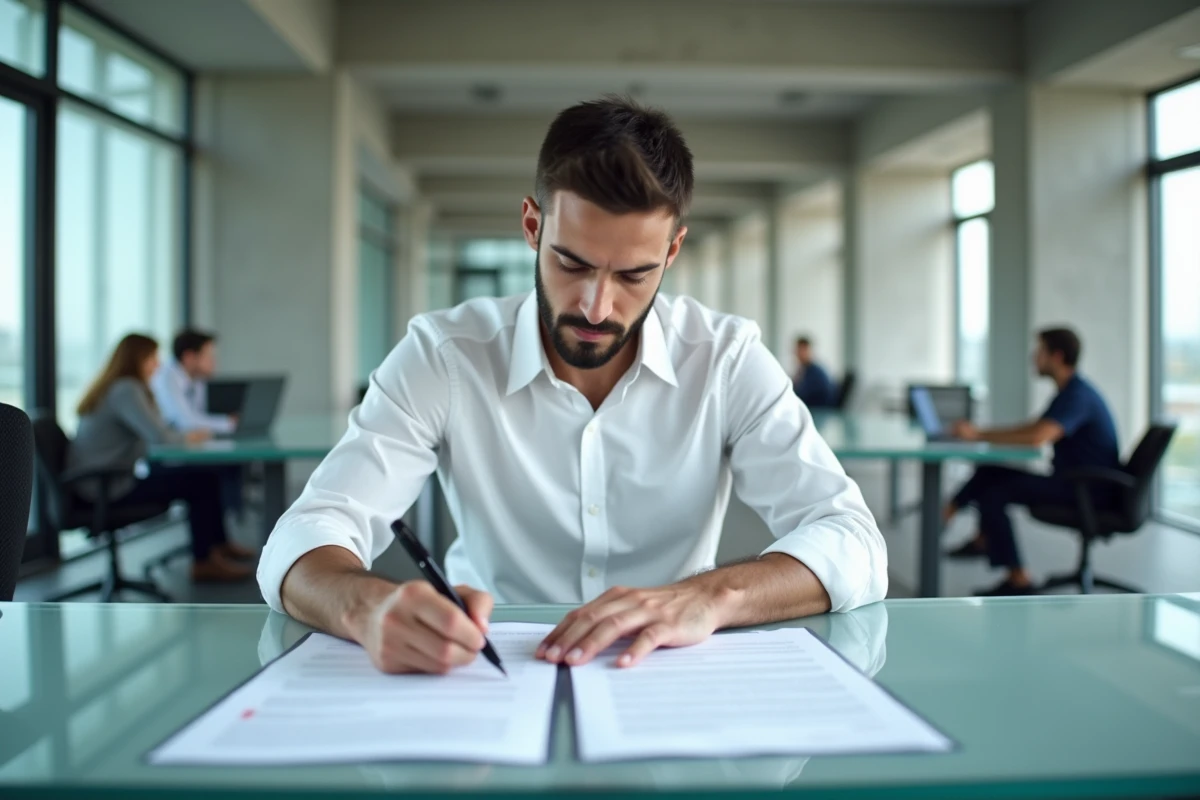 Jeune employé relisant les clauses de sa période d'essai sur un contrat de travail CDD