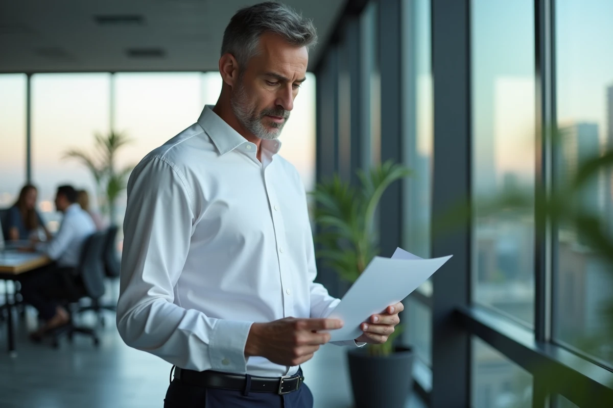 Homme d'affaires examinant attentivement un contrat de promesse d'embauche dans un open space