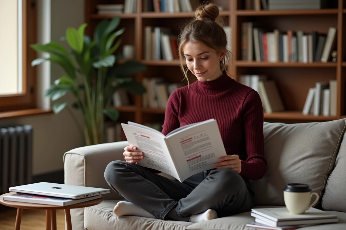 Jeune femme lisant un guide éditorial annoté pour construire sa stratégie marketing depuis chez elle