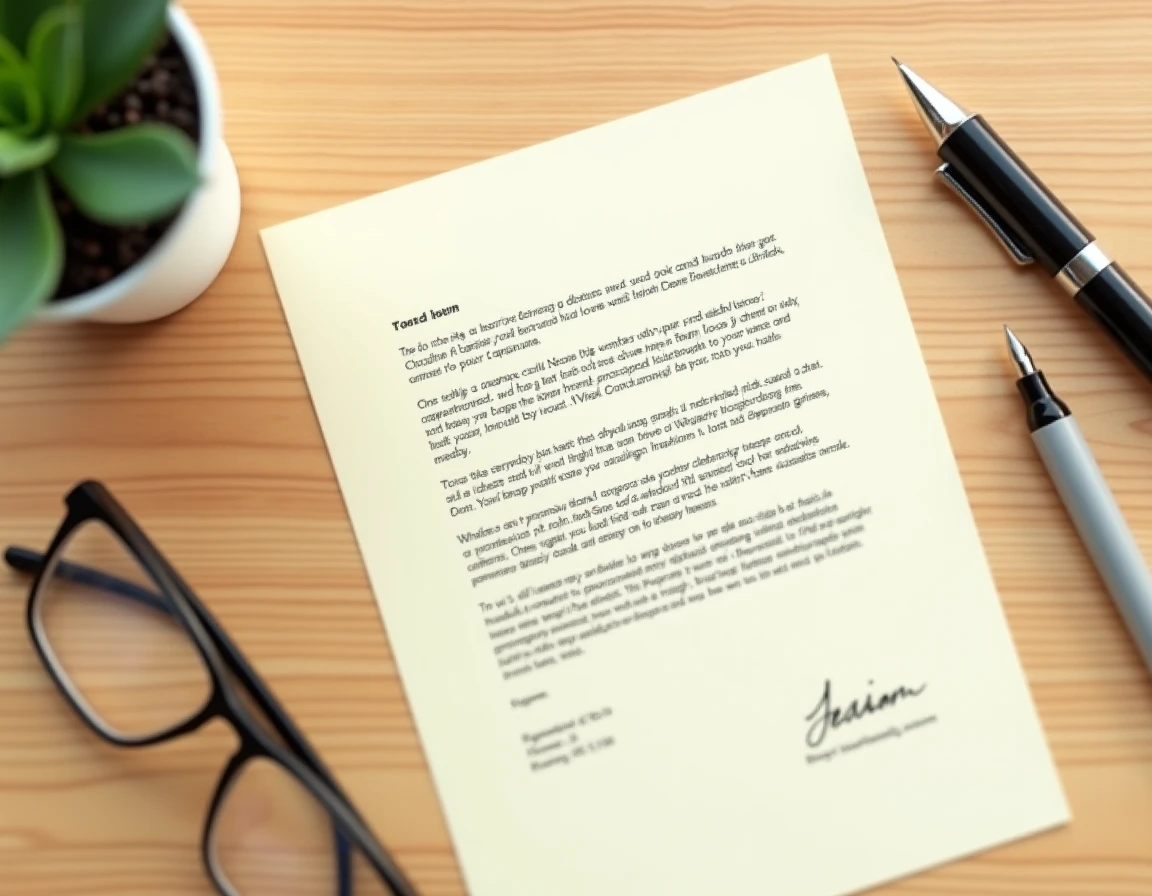 Lettre de rupture conventionnelle CDI posée sur un bureau avec stylo plume, exemple pour fonction RH