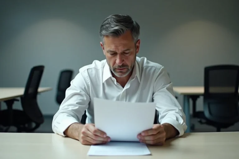 Homme d'affaires lisant une lettre de licenciement pour faute grave dans un bureau moderne vide