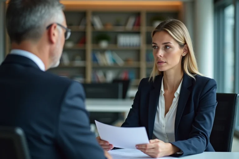 Entretien de rupture de période d'essai entre une employée et un responsable RH dans un bureau professionnel