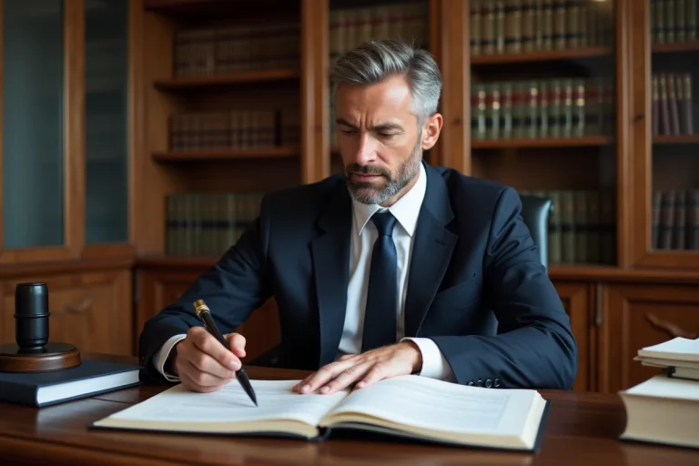 Liquidateur judiciaire en costume sombre examinant un dossier de liquidation judiciaire dans un cabinet juridique parisien