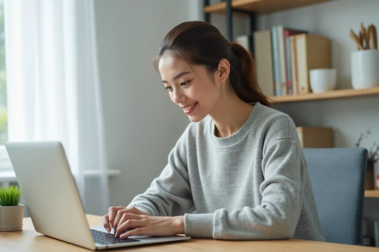 Femme utilisant un chat en direct sur ordinateur portable et smartphone dans un bureau à domicile moderne