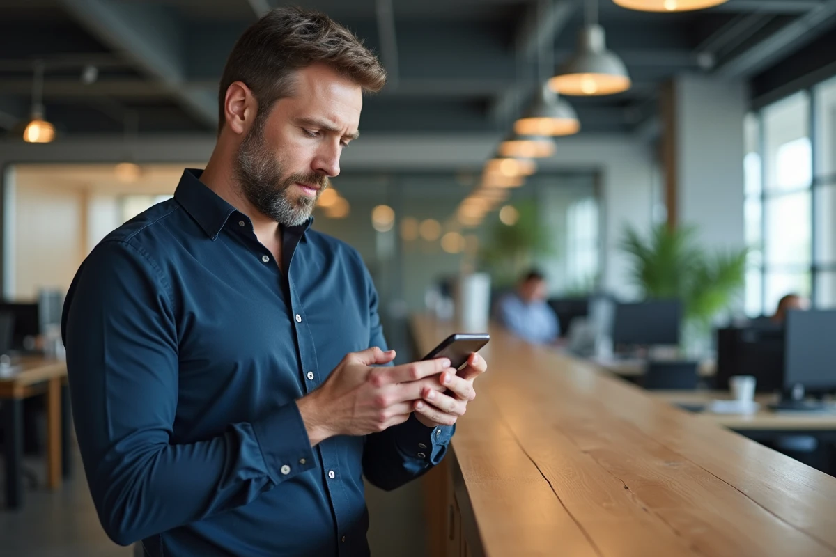 Homme consultant un livechat sur smartphone debout dans un open space professionnel moderne
