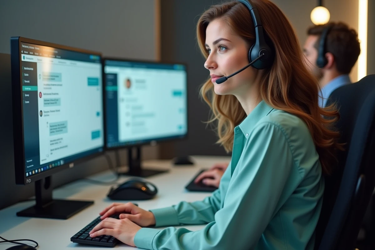 Agente de support client gérant un livechat sur double écran dans un centre d'assistance professionnel