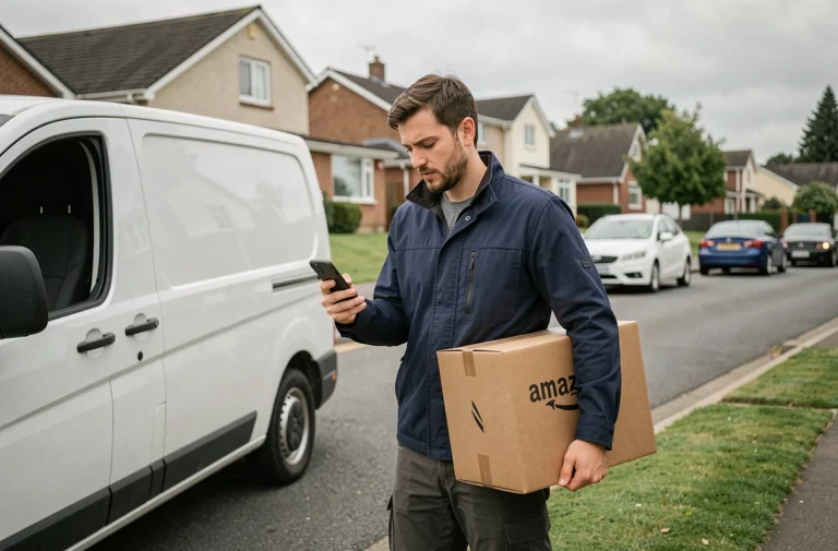 Livreur Amazon indépendant consultant son smartphone à côté d'un van blanc dans une rue résidentielle