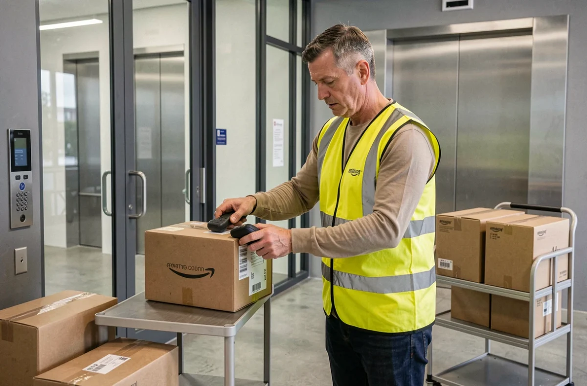 Livreur Amazon indépendant scannant un colis dans le hall d'un immeuble résidentiel moderne