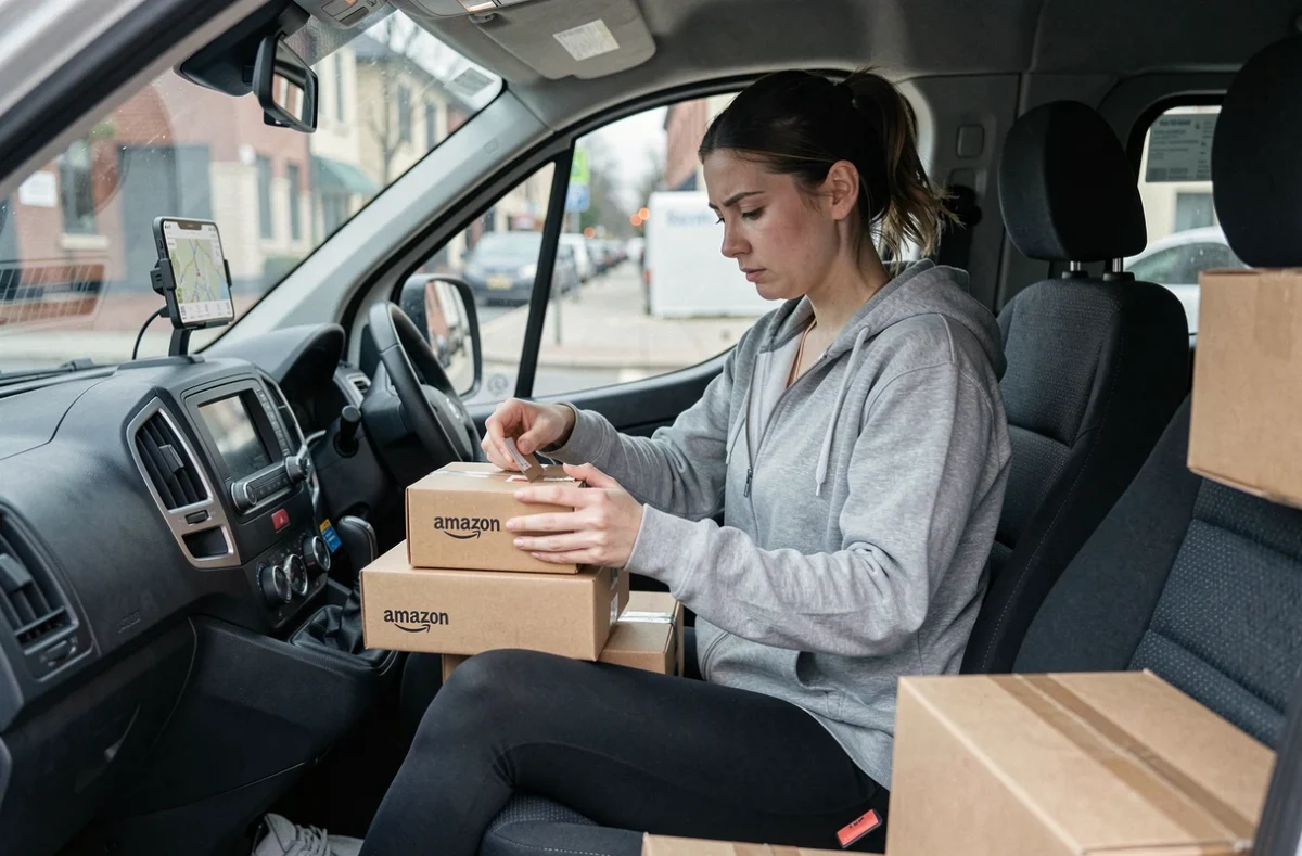 Livreuse indépendante Amazon triant des colis à l'intérieur de son véhicule de livraison