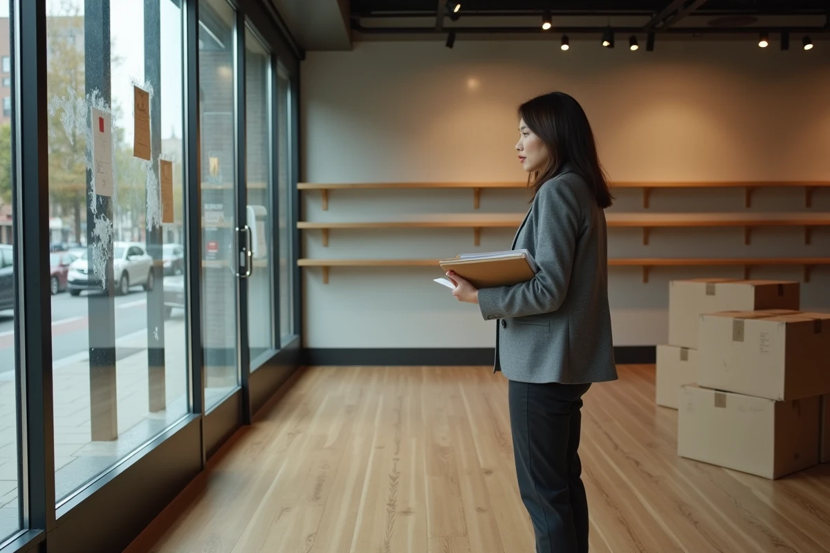 Femme d'affaires dans un local commercial vide lors de la fermeture définitive de son entreprise