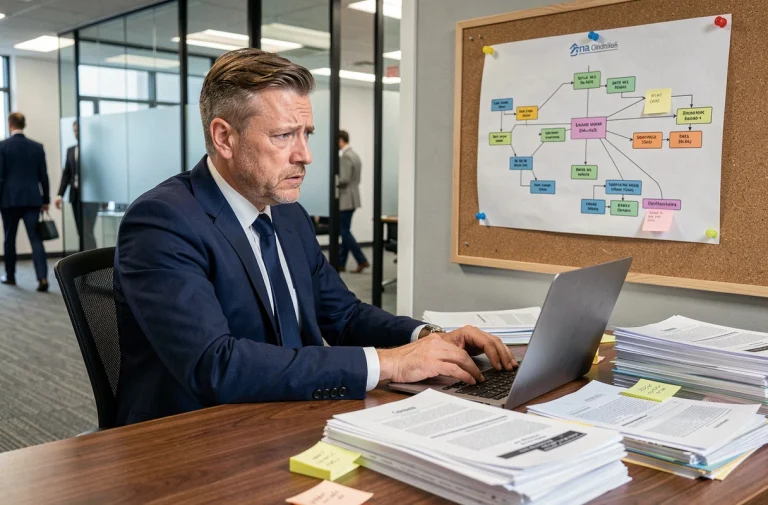 Cadre supérieur stressé face à un organigramme complexe dans un bureau en open space, illustrant la loi de Peters et l'incompétence au travail