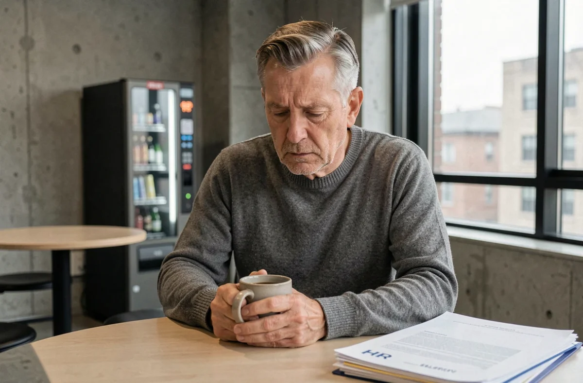 Employé expérimenté en pause dans une salle de repos, tenant un café et réfléchissant à sa carrière, illustration introspective de la psychologie du travail et de la loi de Peters