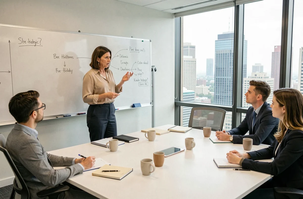 Manager femme présentant une stratégie confuse lors d'une réunion d'équipe, symbolisant la promotion au niveau d'incompétence selon la loi de Peters