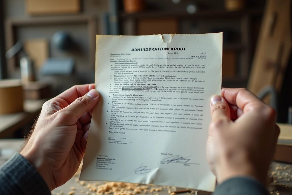 Mains d'artisan tenant un extrait officiel Kbis ou répertoire des métiers avec détail du document imprimé