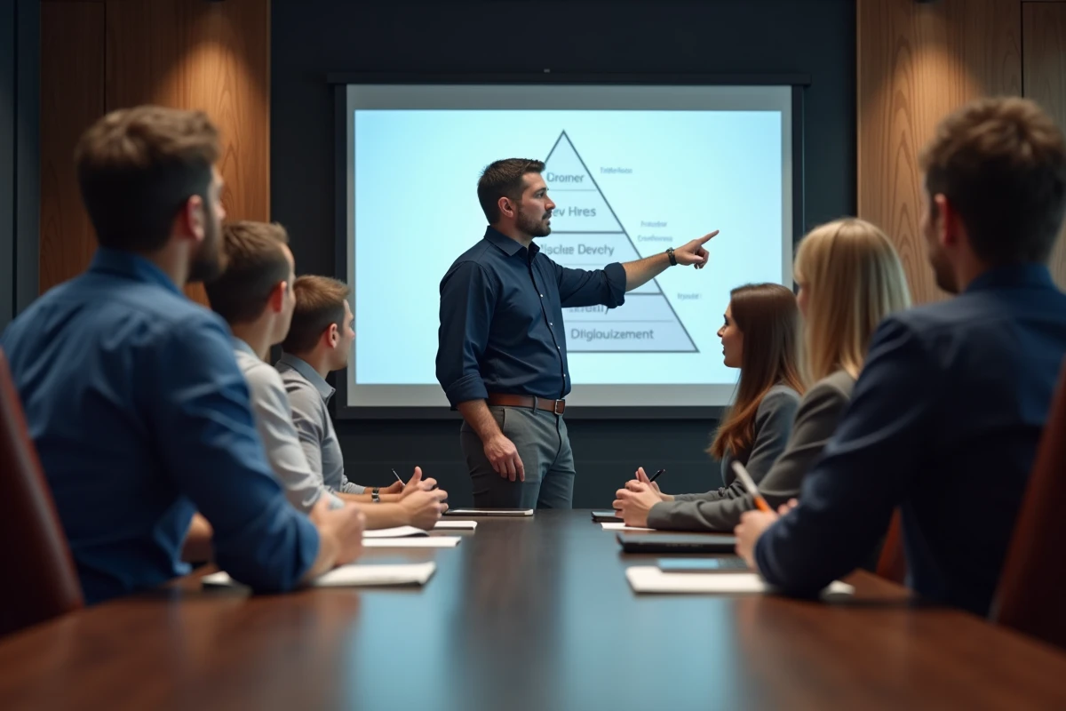Manager présentant un cadre stratégique Why-What-How en salle de réunion d'entreprise devant son équipe