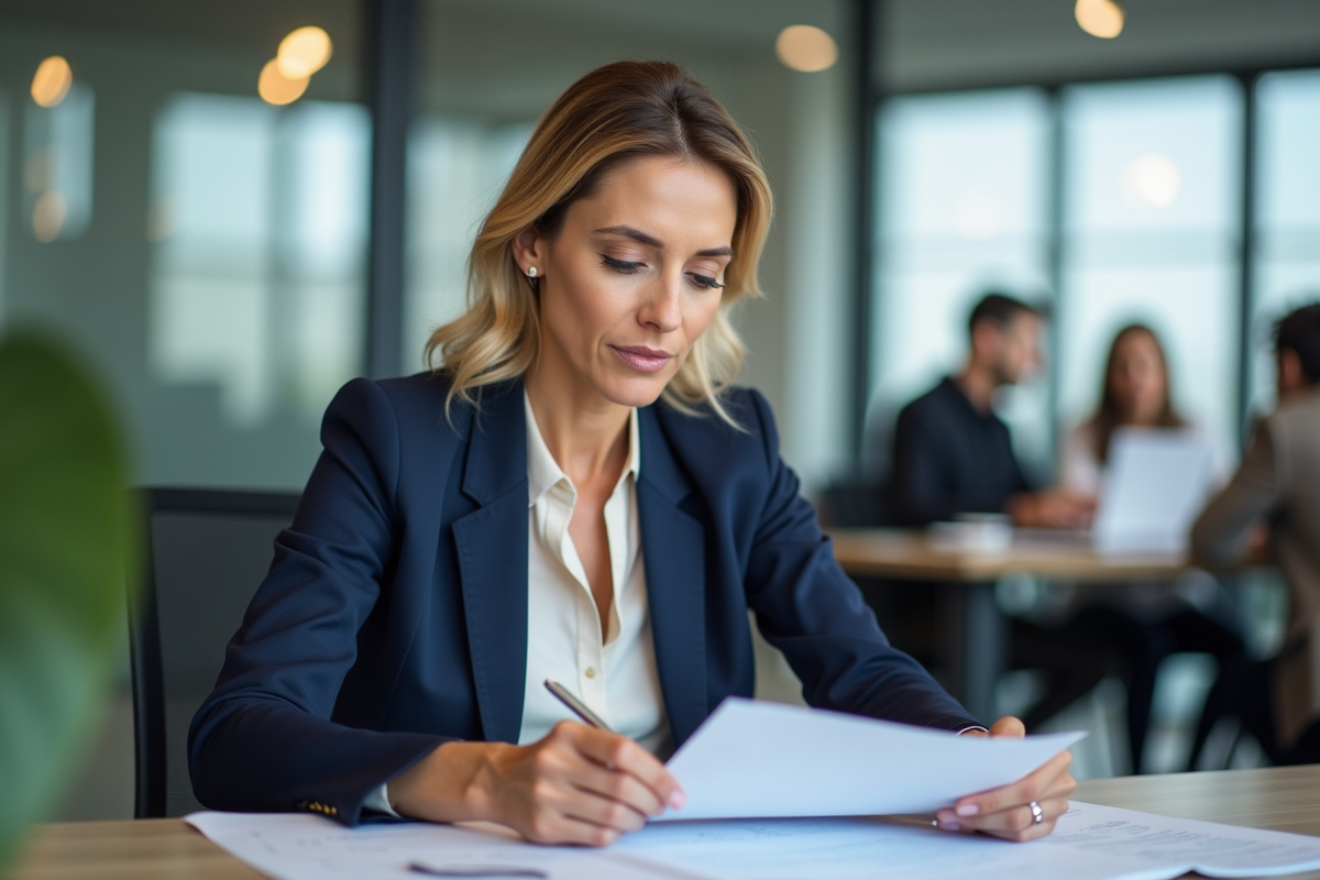 Manager RH femme en bureau lumineux avec dossiers et collègues