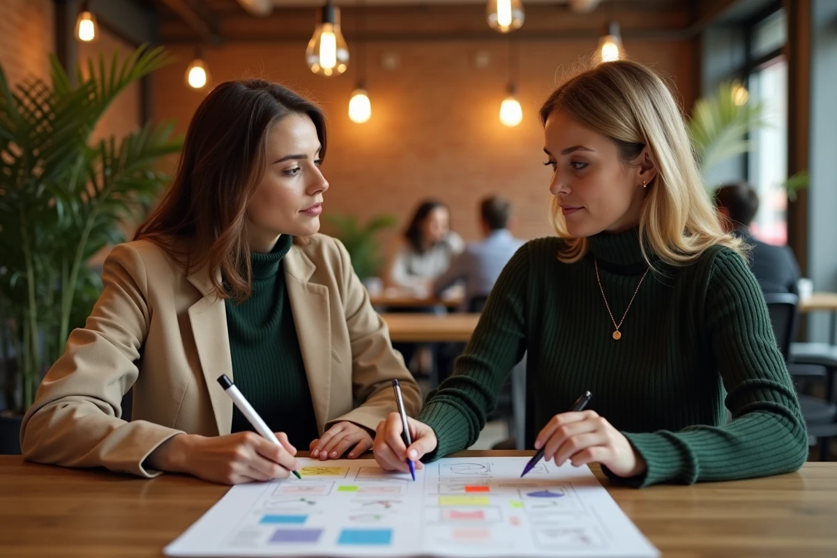 Deux managers féminines analysant un plan stratégique aligné sur la méthode Why-What-How dans un espace de co-working