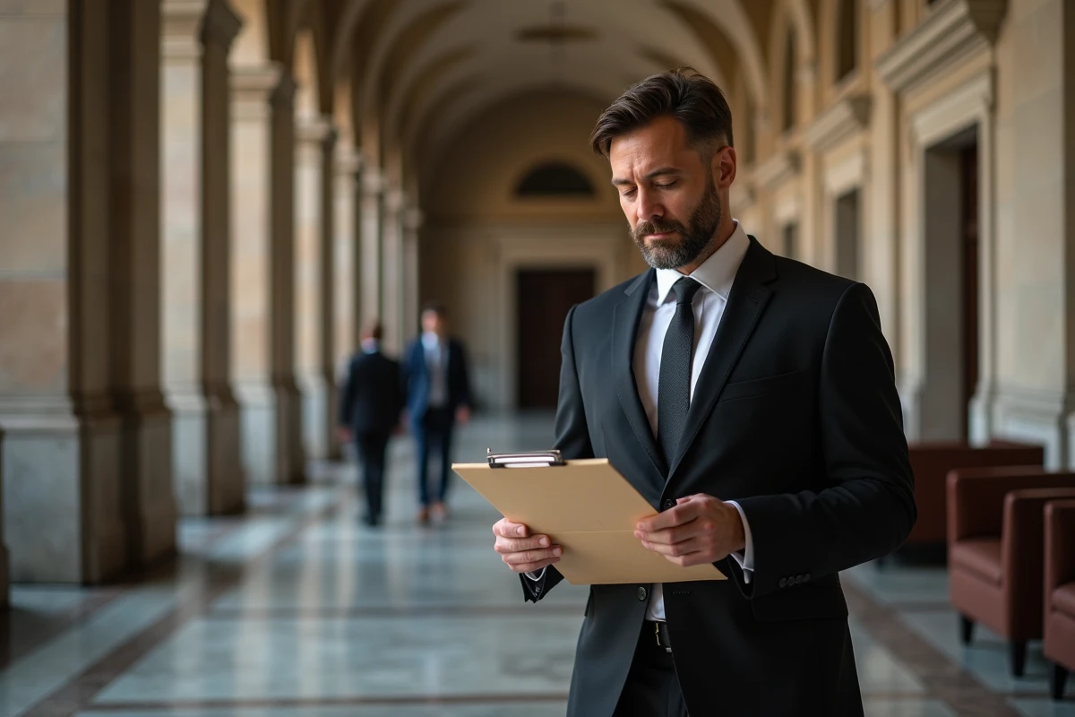 Mandataire judiciaire dans un couloir de tribunal tenant des documents officiels de procédure de liquidation judiciaire