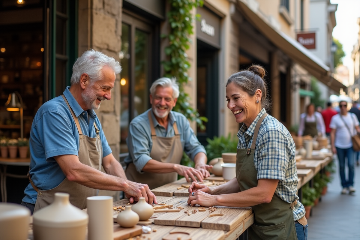 Trois artisans souriants dans un marché de rue authentique