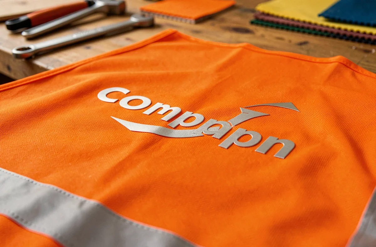 Gros plan sur un gilet de sécurité orange avec marquage par transfert thermique reflétant le nom d'une entreprise