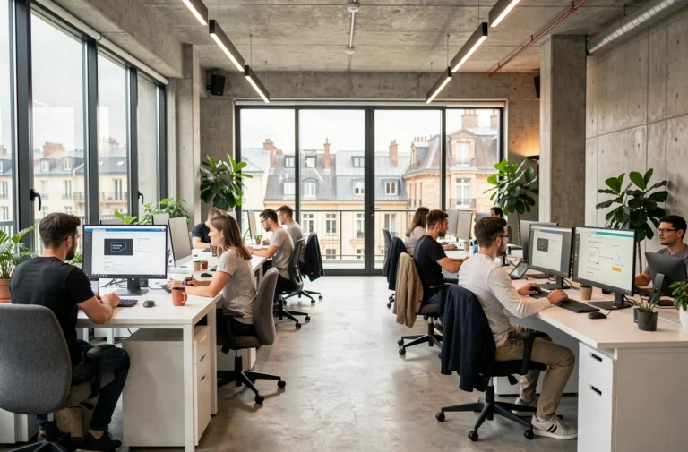 Studio d'agence web moderne en Auvergne-Rhône-Alpes avec designers collaborant sur des maquettes de sites internet
