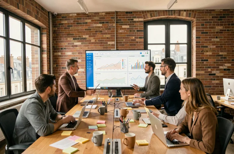 Vue d'ensemble d'une agence de marketing digital dans les Hauts-de-France avec des professionnels travaillant sur des campagnes Google Ads