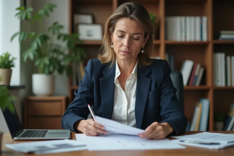Micro-entrepreneuse consultant ses documents d'assurance professionnelle dans un bureau à domicile