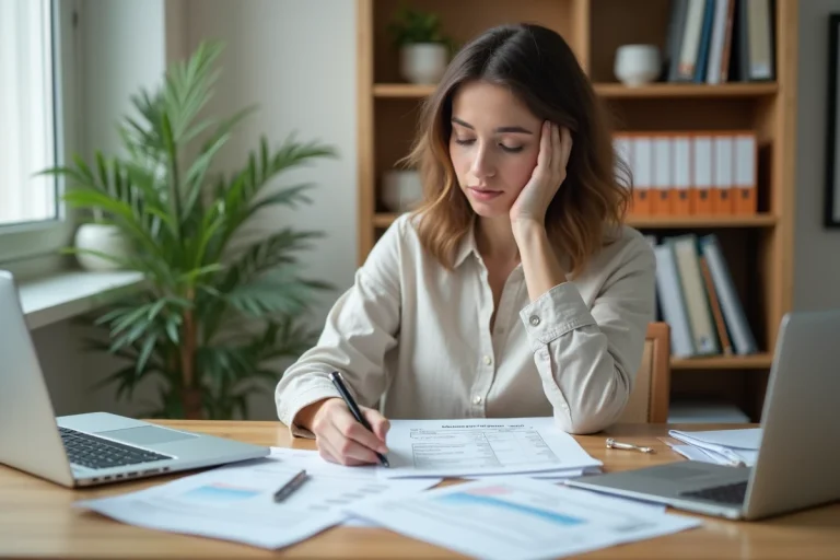 Micro-entrepreneuse calculant ses cotisations sociales sur des documents imprimés dans un bureau à domicile