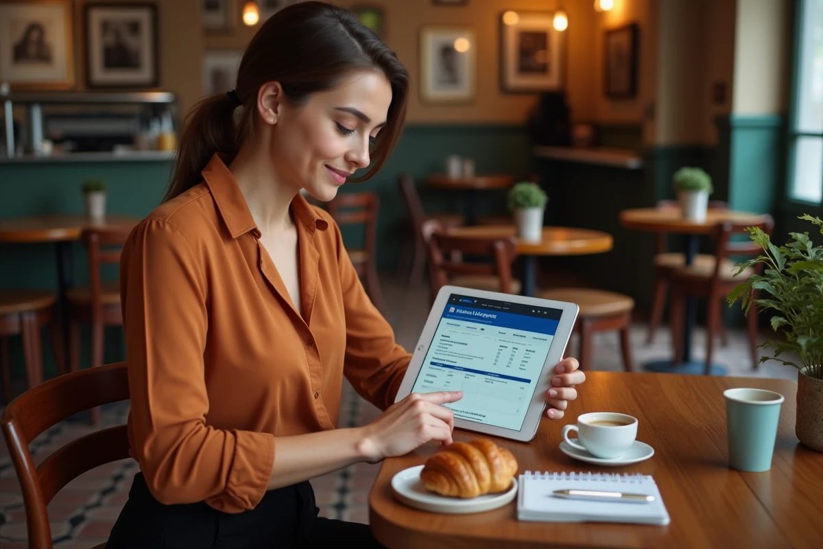 Jeune auto-entrepreneuse consultant le site des impôts sur sa tablette pour vérifier les seuils de TVA en franchise