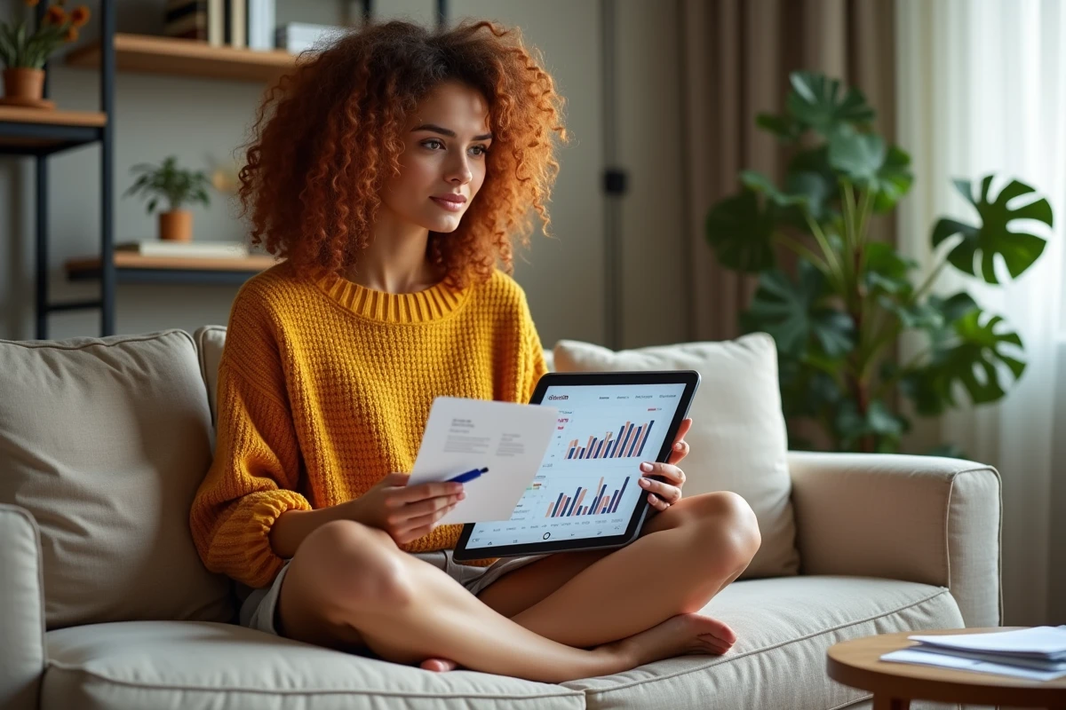 Jeune micro-entrepreneuse consultant un tableau de bord financier sur tablette pour suivre les plafonds de chiffre d'affaires 2026