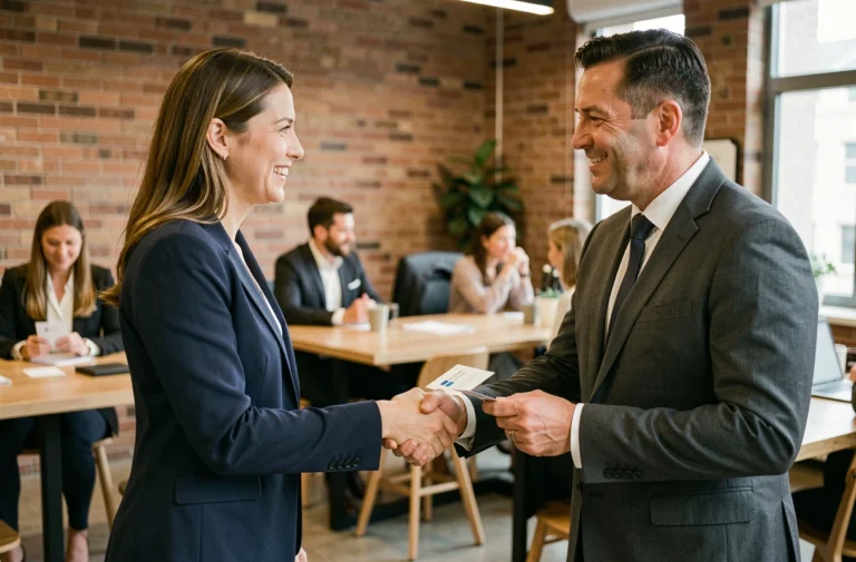 Deux professionnels échangeant des cartes de visite lors d'un événement de networking B2B dans un espace coworking moderne