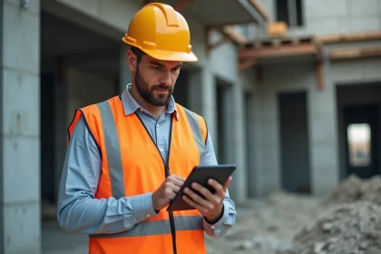 Ouvrier du bâtiment consultant son compte professionnel de prévention sur une tablette sur un chantier