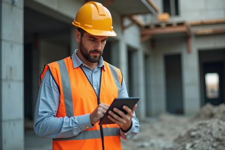 Ouvrier du bâtiment consultant son compte professionnel de prévention sur une tablette sur un chantier