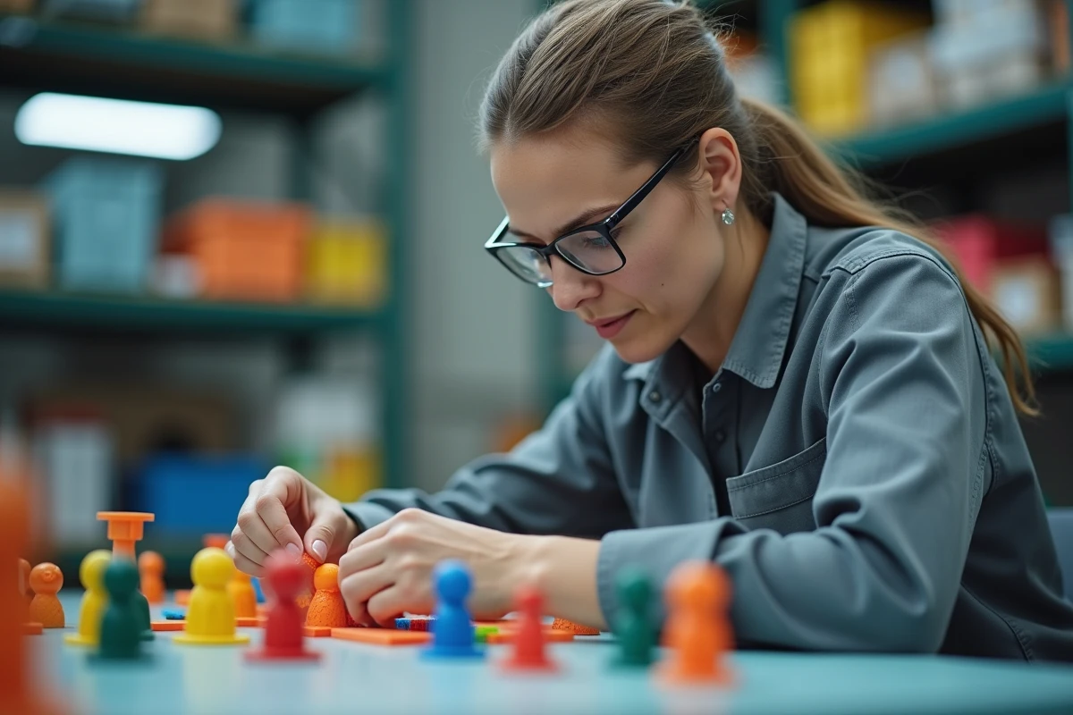 Ouvrière assemblant des figurines Playmobil en plastique coloré sur une ligne de montage en atelier