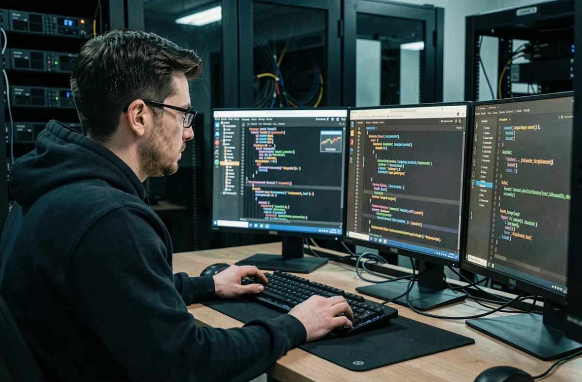 Développeur technique d'Overscan travaillant sur du code avancé et des scripts de déploiement web
