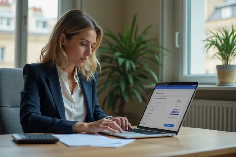 Femme d'affaires effectuant un paiement de cotisations Urssaf en ligne sur un ordinateur portable dans un bureau professionnel