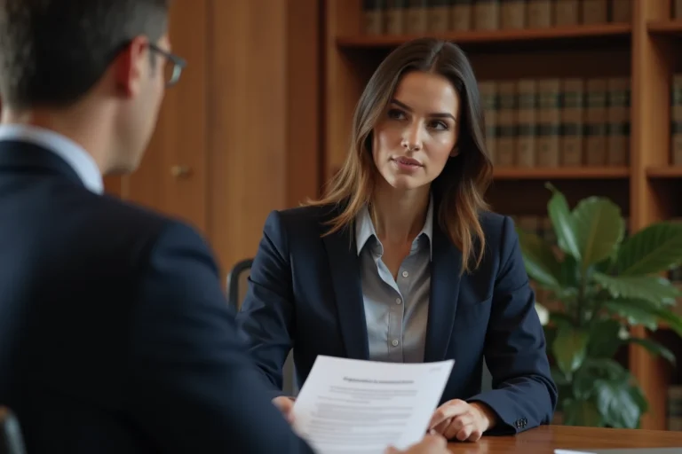 Femme en entretien professionnel signant un contrat à durée déterminée dans un bureau moderne