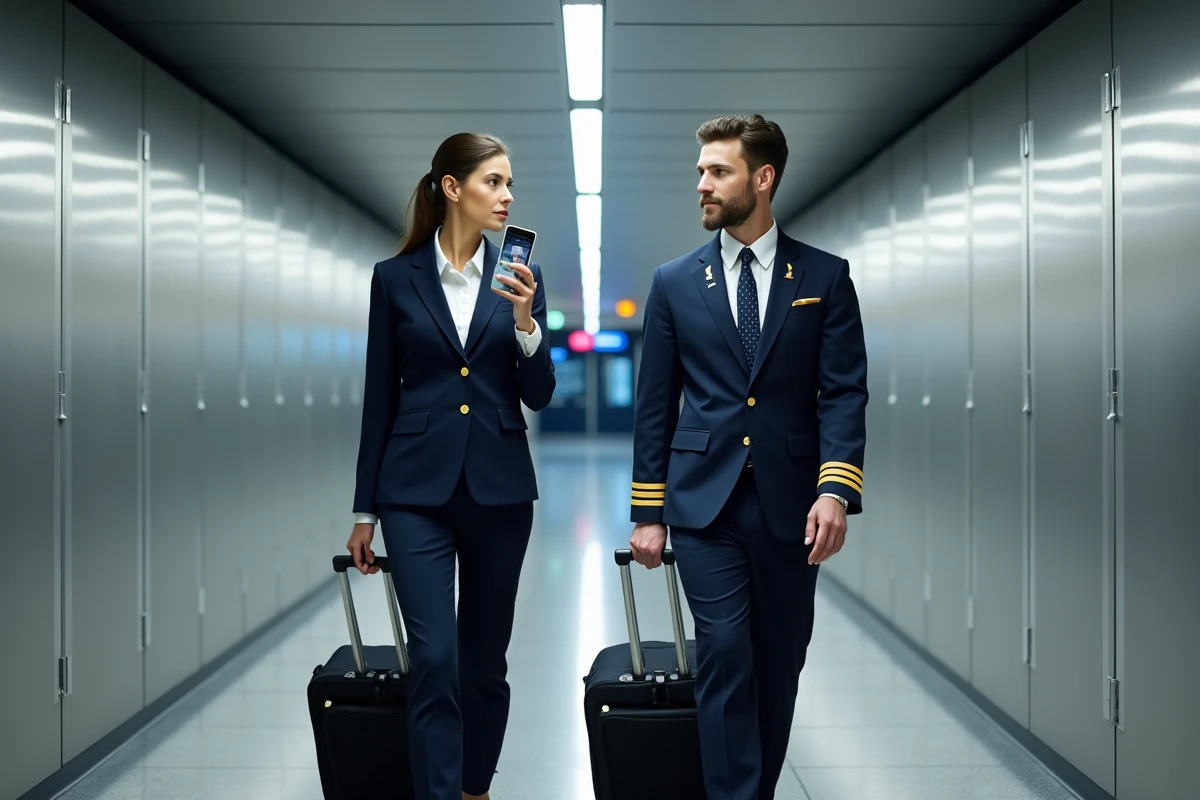 Deux pilotes Air France en uniforme marchant dans un couloir d'aéroport en consultant une application intranet sur smartphone