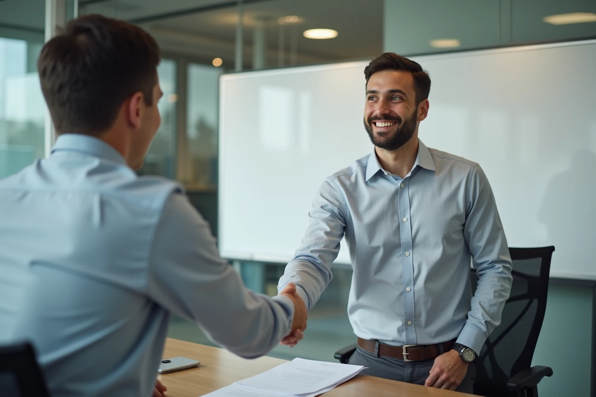 Poignée de main entre un employé et un responsable RH lors d'un début de CDD en période d'essai