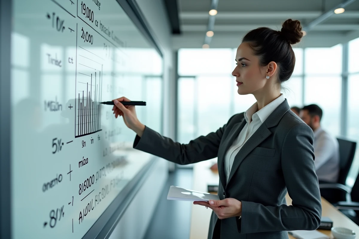 Femme comptable présentant un barème fiscal au tableau blanc dans une salle de conférence moderne avec des collègues en arrière-plan