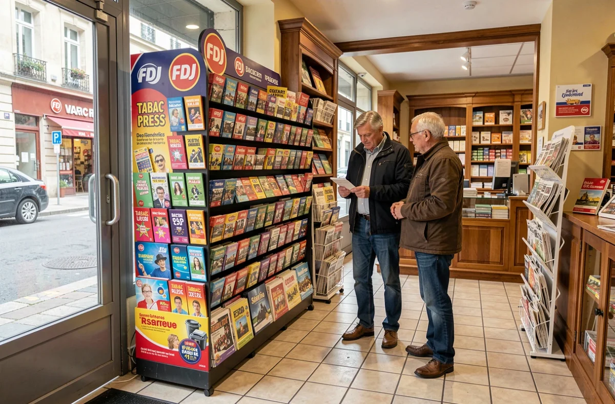Présentoir FDJ à l'entrée d'un bureau de tabac attirant des clients vers les jeux de loterie