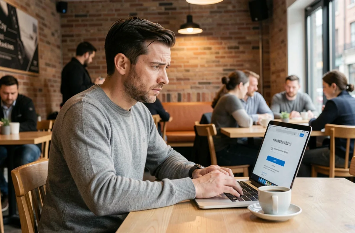 Homme assis dans un café tentant de résoudre un problème de connexion bloquée sur son espace personnel en ligne