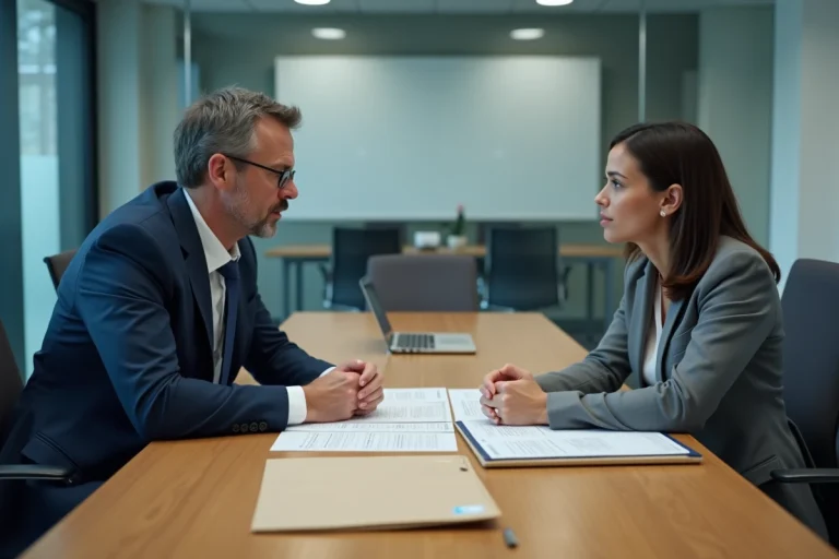 Réunion formelle entre un responsable RH et une employée lors d'une procédure de licenciement pour motif personnel en entreprise