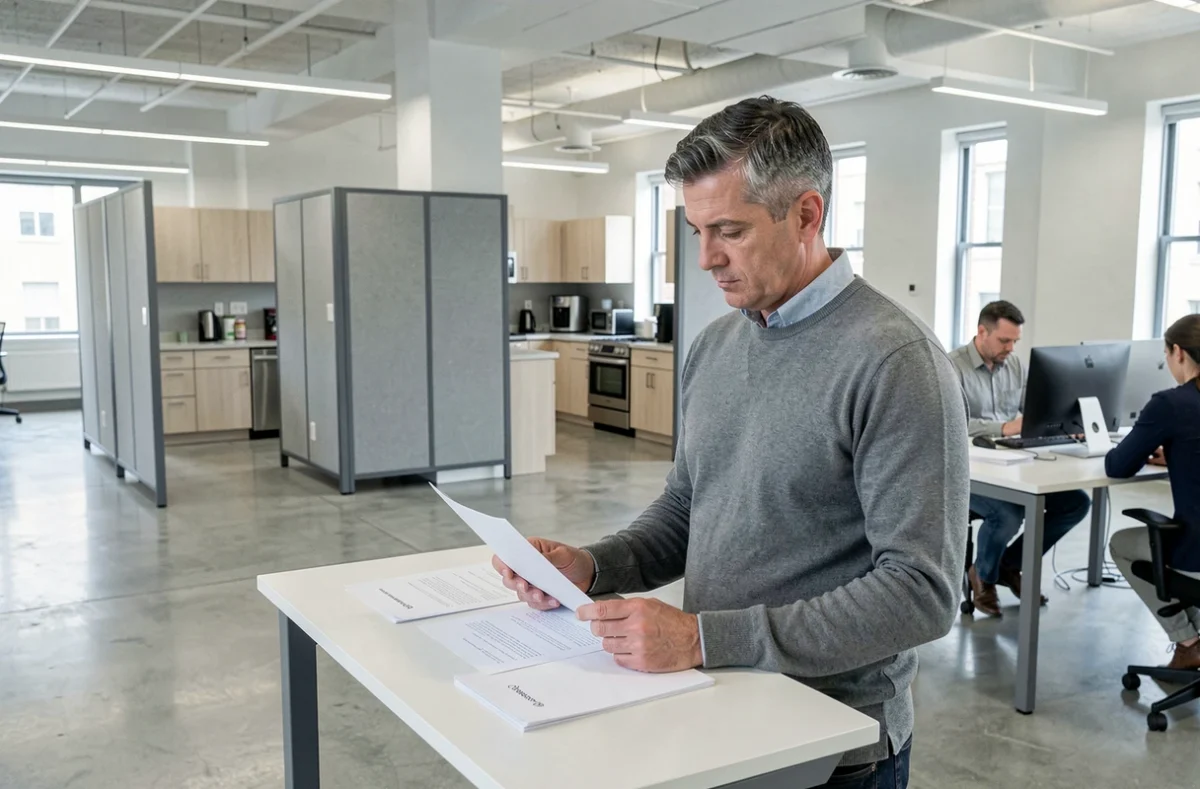 Professionnel indépendant debout à un bureau réglable dans un grand espace de coworking à Meaux