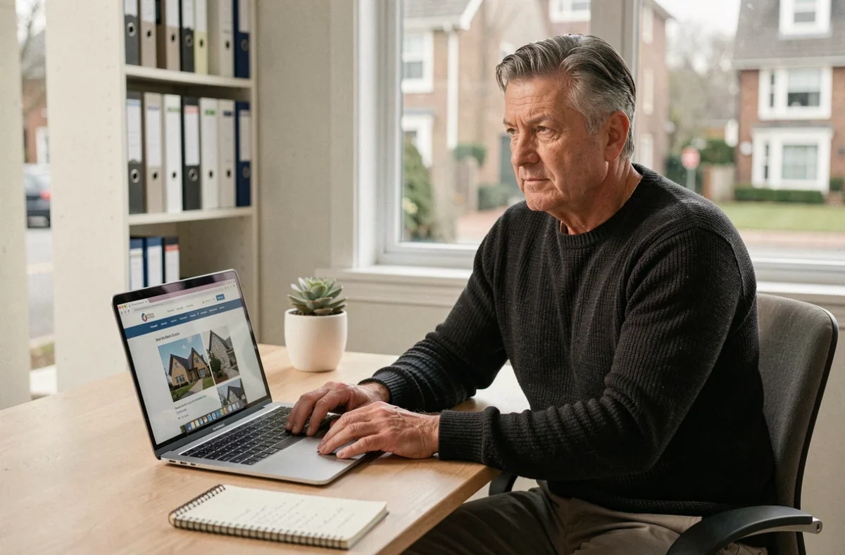 Professionnel de l'immobilier en portage salarial travaillant depuis son bureau à domicile sur des annonces en ligne