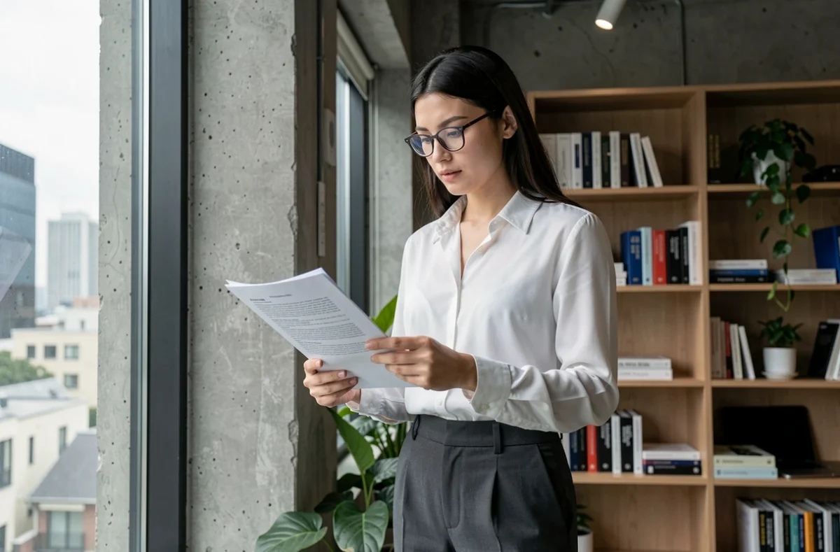Professionnelle analysant un contrat de portage salarial dans un espace de coworking moderne à Monaco