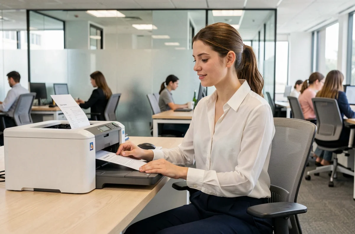 Professionnelle imprimant un document récupéré depuis la plateforme Coffreo dans un bureau open space